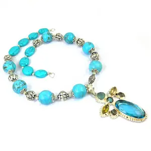 Collier de perles turquoise avec accents argentés, bijoux bohèmes vintage, chaînes tendance pour cadeaux avec coquillages et perles - Product Image 3