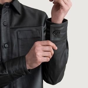 Chemise en cuir noire dégringolée sur mesure avec col montant style hiver décontracté fermeture avec logo à l'avant boutons en cuir Service OEM - Product Image 3