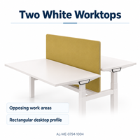 Bureau de travail double réglable en hauteur avec dessus rectangulaires blancs, panneau d'intimité jaune et pieds de support blancs