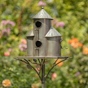 Silver Metal Birdhouse Tower Dual Chambers Rustic Garden Decor Outdoor Durable Handmade - Product Image 1