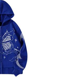 Sudadera con Capucha Azul Rey con Pedrería de Mariposa, Sudadera con Capucha de Forro Polar Extra Grande para Mujer, Ropa de Calle Informal de Moda para Invierno - Product Image 3