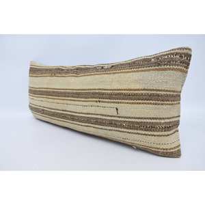 Oreiller en laine à rayures vintage beige 16x36 pouces Oreiller d'accent rectangulaire rustique Technique tissée - Product Image 4