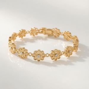 Women's Solid 9K <b>Gold</b> Luxury Floral Station <b>Bracelet</b> Natural Diamond Set Center Daisy Link Design GIA Certified OEM Fine Jewelry - Product Image 2