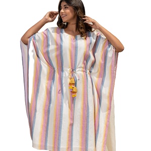 Customize Print V-Neck <b>Three</b> Quarter Cotton Designer Summer Casual Wear Dress Women's Wear Handmade Kaftan Short Cotton Kaftan - Product Image 1