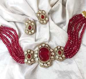 Elegante chapado en oro mate Polki Kundan gargantilla pendientes conjunto joyería de latón de moda para fiesta aniversario celebraciones regalo - Product Image 1