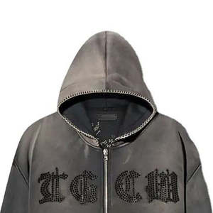 Fabricante de ropa MOQ bajo personalizado de alta calidad 100% poliéster patrón de diamantes de imitación Zip up Crop Zipper hombres Sudadera con capucha - Product Image 6