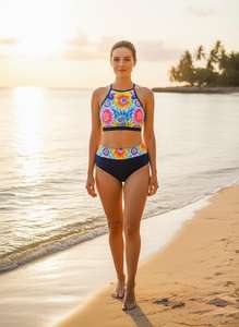 Traje de Baño de Dos Piezas con Estampado Floral y Logotipo Personalizado, Bikini de Cuello Halter con Corte Alto, Traje de Baño de Cintura Alta para Mujer, Ropa de Playa de Diseñador de Lujo, Transpirable - Product Image 2