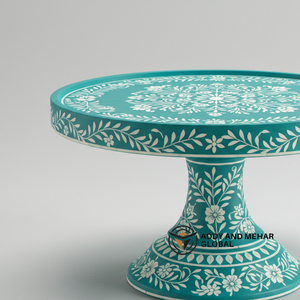 ฐานวางเค้กทรงกลม ดีไซน์หรูหรา สำหรับโอกาสพิเศษ ผลิตจากงานฝีมือประณีต ลายบลูโบนอินเลย์ เป็นมิตรต่อสิ่งแวดล้อม ไม่ติดกระทะ ล้างในเครื่องล้างจานได้ - Product Image 2