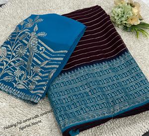 Ropa DE BODA atractiva de alta calidad Faux Georgette Saree con bordado Butta y borde de encaje Hermoso color verde claro - Product Image 2