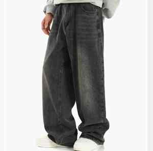 Jeans streetwear vintage de haute qualité, lavage vintage, gris foncé délavé au soleil, coupe droite ample, séchage rapide, taille moyenne - Product Image 3