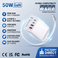 Pengisi Daya Cepat USB-A GaN 50W dengan Kabel USB-C 70CM yang Dapat Ditarik, Adaptor Perjalanan Pengisian Cepat PD untuk Ponsel iPhone Android Samsung