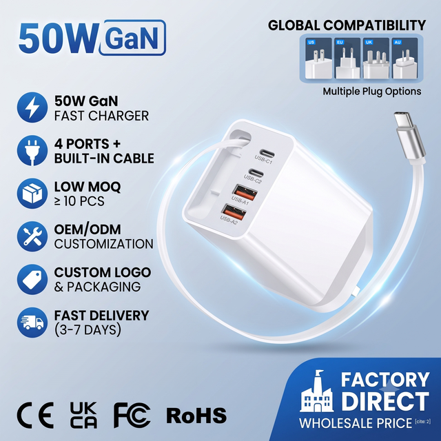 50W GaN USB-A Fast Charger with 70CM Retractable USB- C Cable PD Fast Charging Travel Adapter for Mobile iphone Android samsung