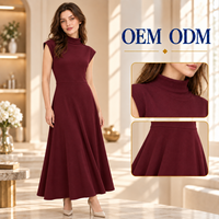 Gaun Maxi Wanita Warna Cokelat Tua Bahan Modal Kerah Mock Neck Lengan Panjang dengan Potongan Kolom dan Belahan Samping untuk Grosir Butik OEM ODM