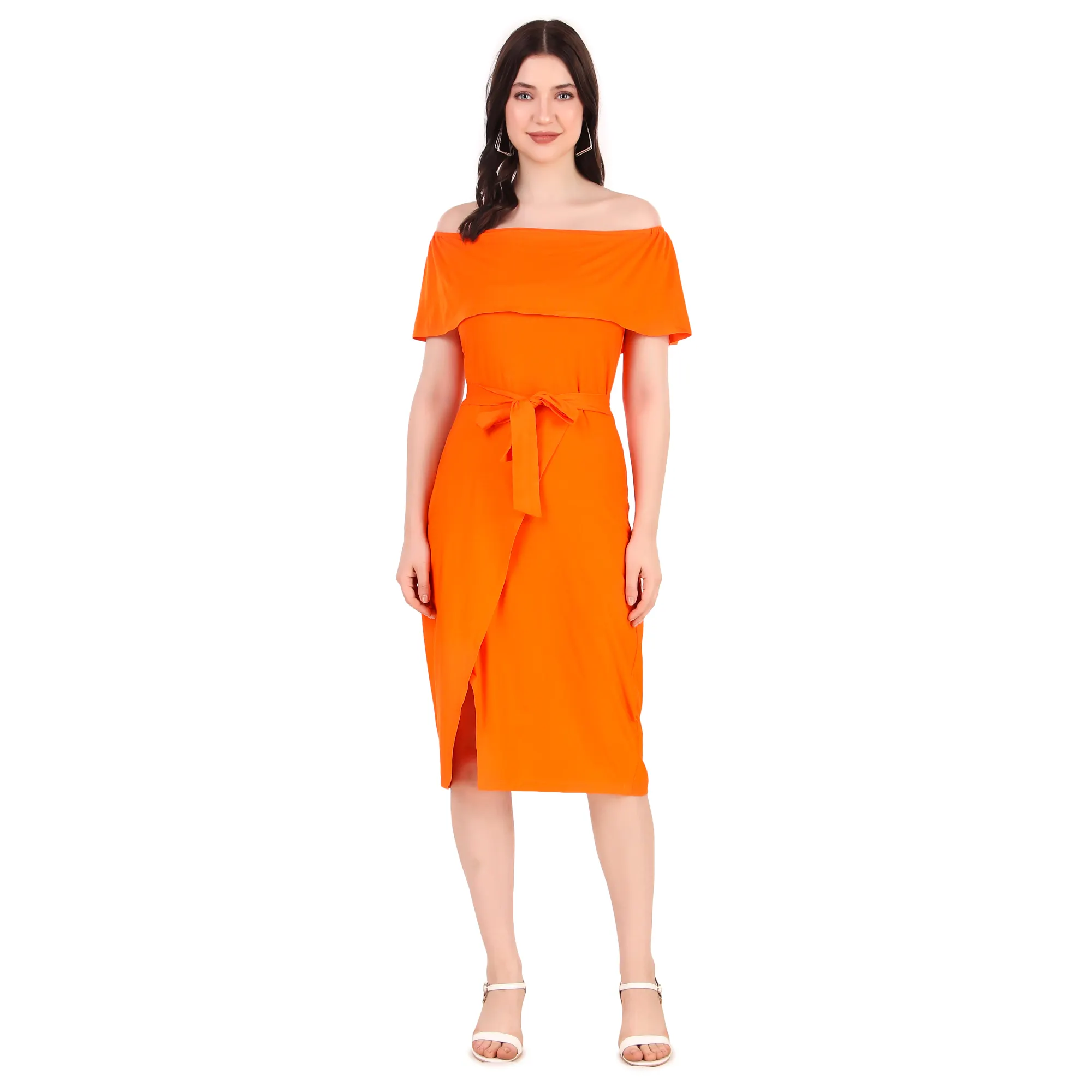 Oranje Viskeuze Gebreide Body Con Jurk Voor Casual Formele En Regelmatige Slijtage Voor Meisjes En Dames Kledingstuk Fabrikant En Leverancier