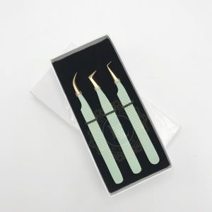 Offre spéciale, emballage de boîte de cartes de revêtement en poudre vert menthe personnalisé, pince à cils en acier inoxydable faite à la main, pointe dorée, vente en gros - Product Image 6