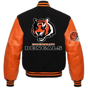 Chaqueta universitaria ecológica de punto negra naranja de talla grande personalizada de alta calidad para hombre, venta al por mayor, cuero de decoración de oveja de invierno - Product Image 2