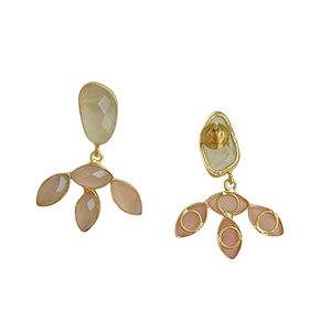 Pendientes Largos Vintage Chapados en Oro de 18K con Prehnita, Calcedonia Rosa, Forma de Marquesa, Incrustaciones Geométricas, Engaste de Bisel, Latón, Agua Dulce - Product Image 5