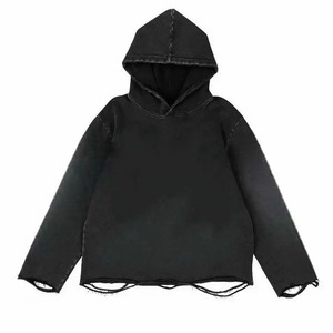 Vente en gros Sweat à capuche sans cordon à manches longues pour hommes en détresse délavé à l'acide bord brut avec motif brodé pour l'hiver - Product Image 4