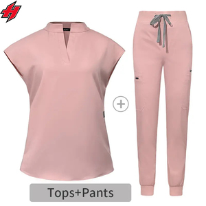 Mode féminine col en v infirmière médecin uniforme gommages ensembles Logo personnalisé vente en gros survêtement costume tricoté tissu - Product Image 2