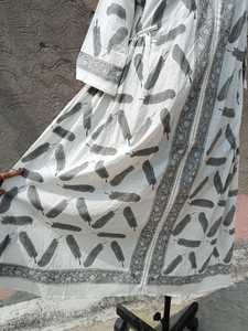 Hand-Printed White Indian Cotton Long Maxi Gown Stunning Breezy <b>Beach</b> Party Wear with Natural Waistline - Product Image 2