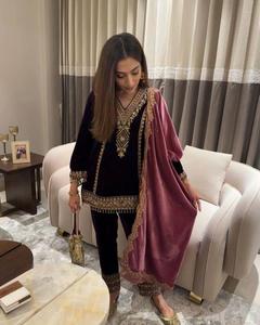 Viskose Samt Schwere Sequenz Besticktes Arbeits oberteil und Palazzo Dupatta Kaufen Sie neues Design Helle Farbe Langarm Hochzeit Wear Look - Product Image 2