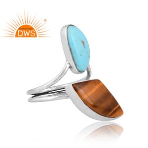 Venta caliente plata esterlina Ojo de Tigre natural amarillo y Kingman turquesa anillo de piedras preciosas para mujeres proveedor de joyería personalizada - Product Image 4