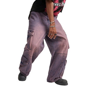 Salopette en jean pour homme, sur mesure, taille mi-haute, style tendance, décontractée, tricotée, lourde, multi-poches, délavée claire, rose net - Product Image 1