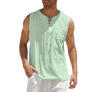 Men's <b>Oversized</b> Summer Tank <b>Top</b> O-Neck Sleeveless <b>Vest</b> with Lace Decoration 100% Cotton Breathable Knitted Fabric - Product Image 5