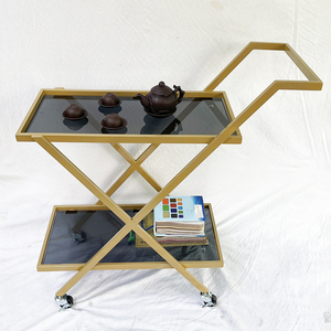 KB68038 Two-Tier Standing Type Iron Frame <b>Cart</b> with Glass Top Rectangle Shape with Wheels for Living Room Tableware <b>Storage</b> - Product Image 3