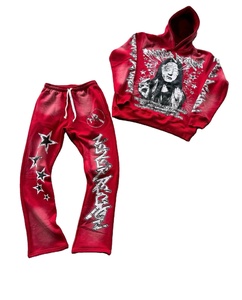 Screen Printing Streetwear Free Sample Raw Hem Cropped Hoodie Stacked Flared Sweatpants Tracksuit <b>for</b> <b>Men</b> - Product Image 1