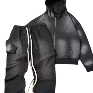 Conjunto Deportivo de Chaqueta con Capucha y Cremallera Estilo Cargo Lavado al Ácido Negro para Hombre, Chaqueta de Forro Polar Vintage, Pantalones Jogger Acampanados, Ropa de Calle, Atuendo de Invierno - Product Image 6