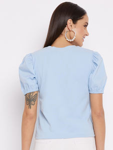 Custom Made Cotton Rib Half Sleeve Top with <b>Neck</b> Camric Puffed Knitted Fabric Front Logo for Boutique Clients Garment Resellers - Product Image 4