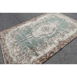 Tapis en laine vintage de grande surface 6 X 9.5ft Patchwork vert et marron avec motif abstrait pour chambre d'ado Jute soutenu en latex - Product Image 2