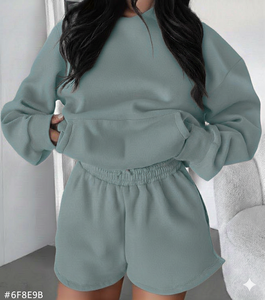 <b>Women</b> Solid Hoodie and <b>Shorts</b> Two Piece Set <b>Loose</b> Fit Casual Outfit Urban Street Style Breathable Comfortable Daily Use - Product Image 4