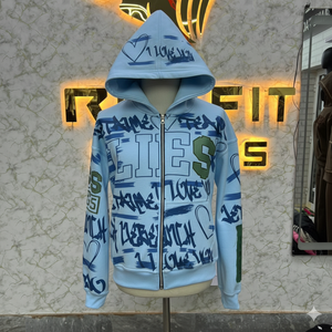Sudadera con Capucha Azul Cielo con Cremallera, Diseño Popular, Buen Material, Estilo Desgastado, Chaqueta con Cremallera y Pedrería, Lavado Ácido, Sudadera de Forro Polar para Hombre, Estilo Urbano - Product Image 1