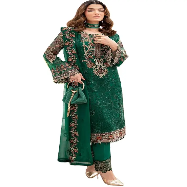 Desgaste do partido Shalwar kameez ternos para as mulheres em muito alta qualidade chiffon coisas com muito bem bordado vestido respirável