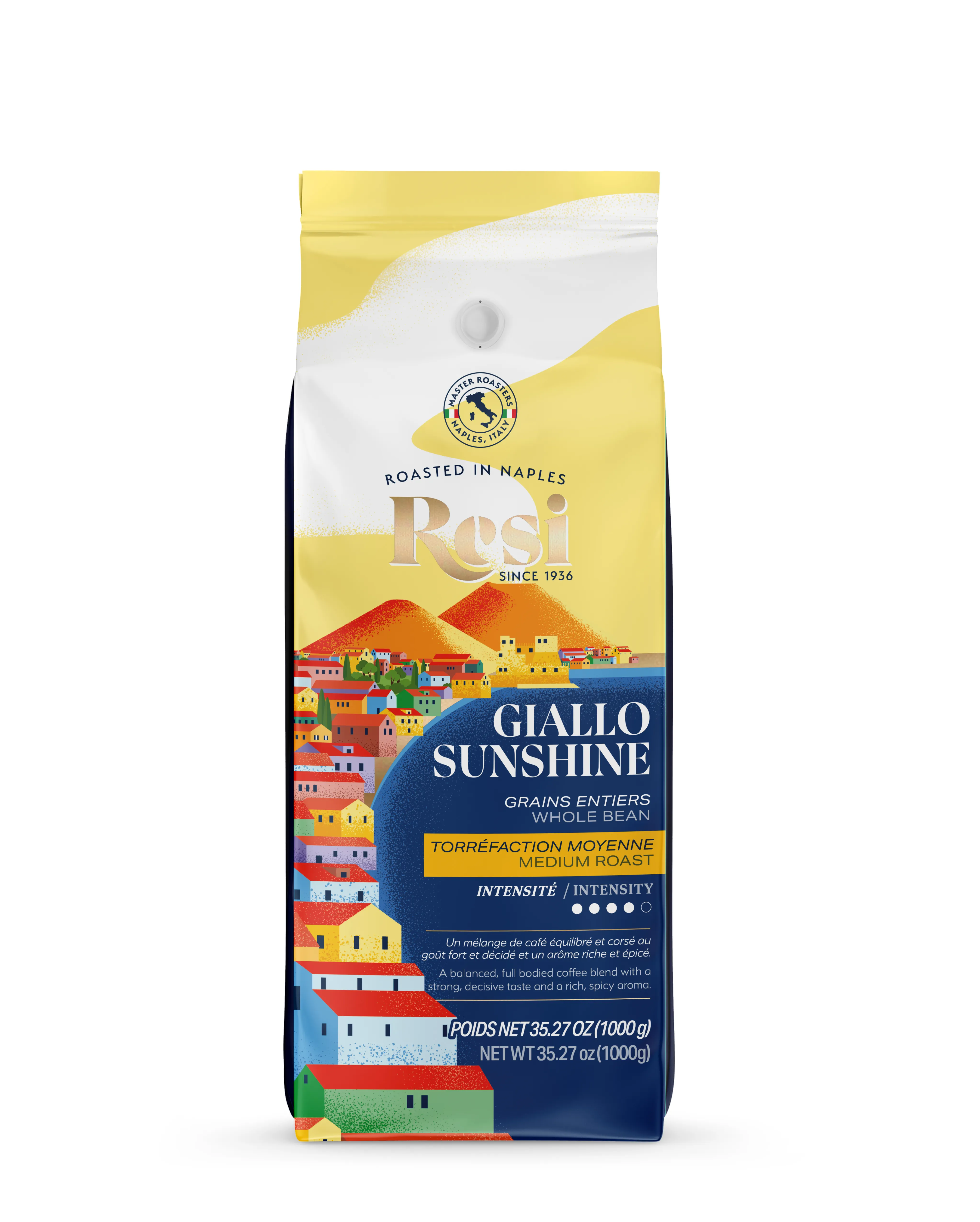 Granos de café enteros tostados de calidad italiana 1kg Giallo Sunshine 50% Arabica 50% Robusta Vanilla para minoristas de alimentos gourmet