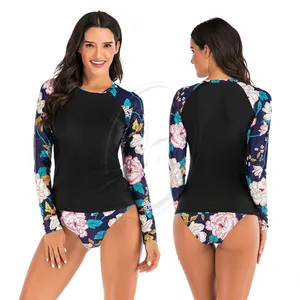 Maillot de bain deux pièces UPF50 + imprimé floral avec fermeture éclair Maillot de bain femme manches longues Rashguard Surf Rash Guard Hot Spring Maillot de bain