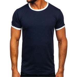 Camiseta de Manga Corta para Hombre, Color Azul Marino, Corte Ajustado, con Ribete en Contraste Blanco, Cuello Redondo, Informal, de Algodón Tejido - Product Image 1