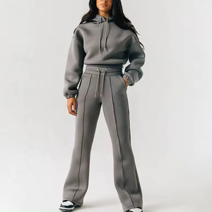 Customize Logo <b>Women</b> Sweatsuit with Crop Hoodie Pullover Sweatshirt & <b>Straight</b> <b>Leg</b> Pant <b>Jogger</b> Tracksuits Set in Fleece Fabrics - Product Image 4