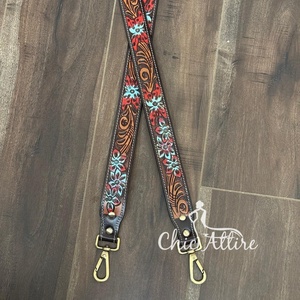 Brand New 2025 Red & Teal Floral Accent Hand Tooled <b>Leather</b> <b>Guitar</b> <b>Strap</b> with Western Style Adjustable <b>Strap</b> for Acoustic <b>Guitar</b> - Product Image 1