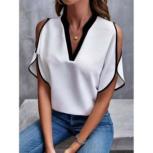 Women'<b>s</b> Short-Sleeved V-Neck Imported Crepe <b>Blouse</b>, 35340 - White - Product Image 1