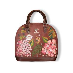 Sac fourre-tout de luxe en cuir végétalien brodé de fleurs avec deux poignées et fermeture éclair pour femme - Marron - Product Image 1