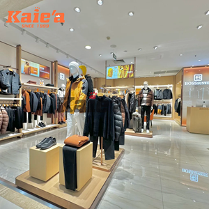 Soporte de exhibición de ropa <span class=keywords><strong>para</strong></span> hombres, estante de exhibición montado en la pared de madera, solución de tienda personalizada Boutique con renderizado 3D - Product Image 6