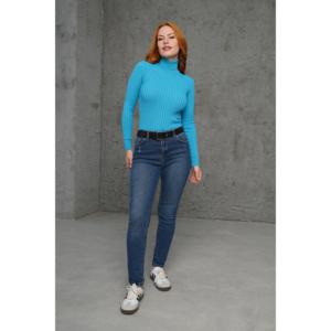 Suéter de Punto Acanalado con Cuello Alto Turquesa para Mujer, Marca Lustrin, con Detalles, Talla Estándar, Mezcla de Poliéster y Elastano - Product Image 3