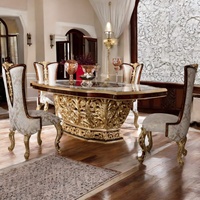 Ensemble de table à manger de luxe de style royal européen, 5 pièces, en bois d'acajou, plateau en marbre, sculptures en feuille d'or, design moderne du milieu du siècle, pour la maison et l'hôtel