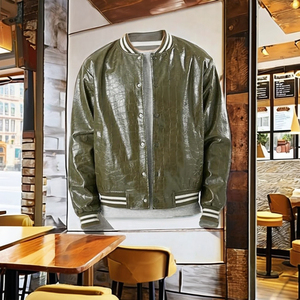 Men Genuine Sheep Skin Winter Varsity <b>Jacket</b> High Street Style Plain Dyed Letter Pattern Stand Collar High Quality - Product Image 2