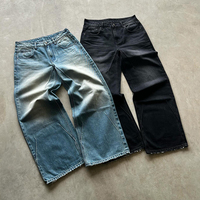 Jean en denim bleu-noir délavé vintage coupe droite avec rivets, style hip-hop, haute qualité, pour homme