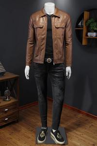 Chaqueta de cuero marrón para hombre de estilo callejero, chaqueta Punk para motocicleta, cuello levantado para adolescentes, tela de lona para Los Hombres - Product Image 5