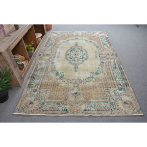 Alfombra Turca Vintage Clásica de Piel de Lana Hecha a Mano con Respaldo de Látex Rectangular, Color Beige y Verde, 4M - Product Image 3